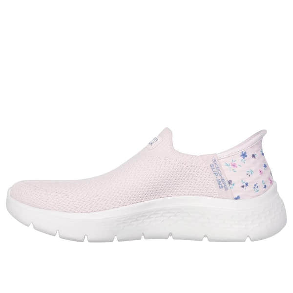Skechers Go Walk Flex Sunset Rose women's light pink slip-on trainers with floral detail, breathable textile upper, cushioned sole.
