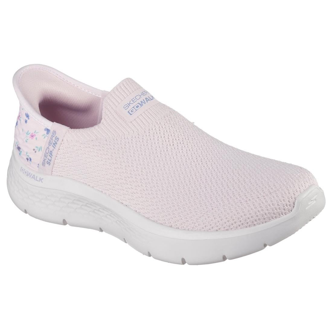 Skechers GO Walk Flex Sunset Rose ladies lightweight pink slip-on trainers with breathable textile upper and cushioned sole.