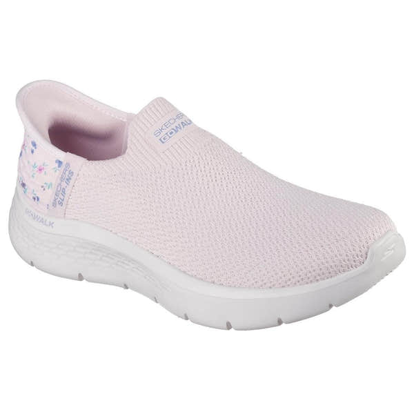 Skechers GO Walk Flex Sunset Rose ladies lightweight pink slip-on trainers with breathable textile upper and cushioned sole.