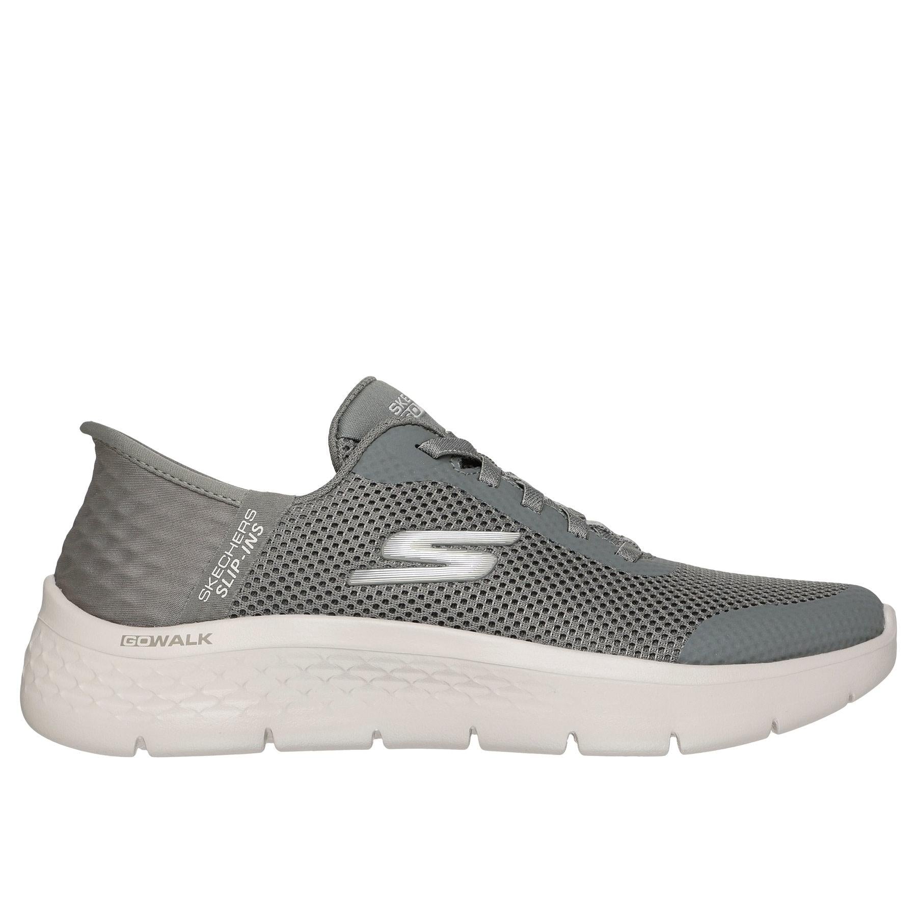 Skechers Go Walk Flex Ladies Olive Vegan Slip-On Trainers with breathable mesh upper and cushioned white outsole.