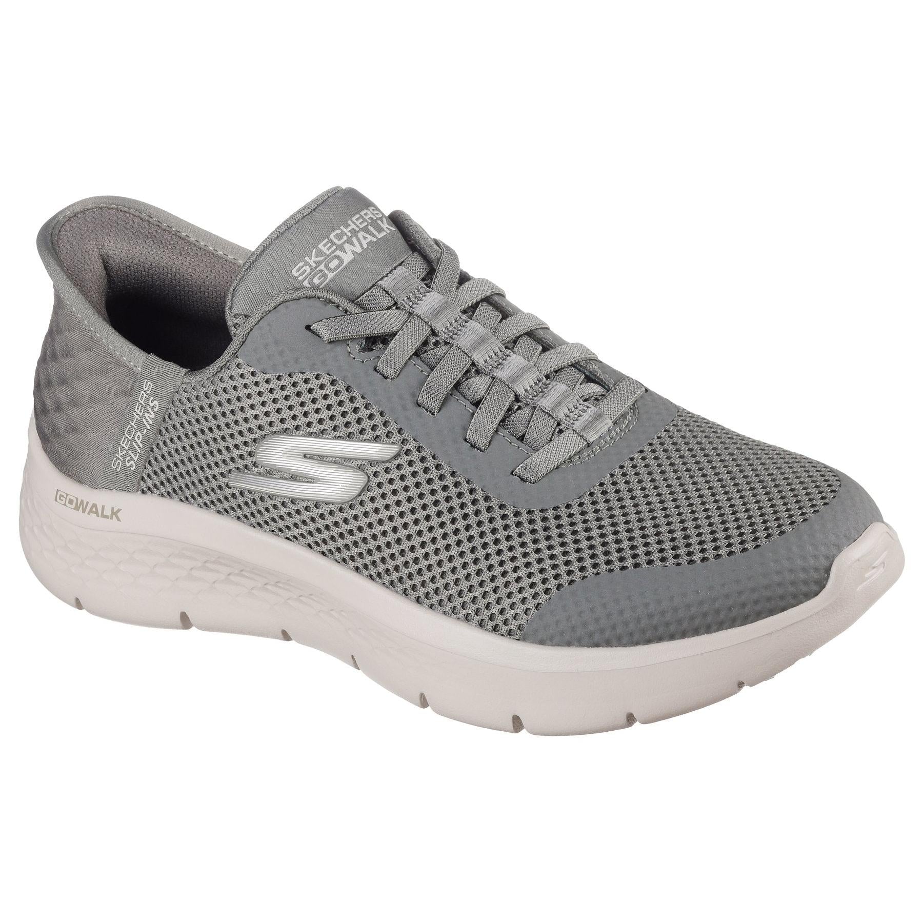 Skechers Go Walk Flex ladies slip-on trainers in olive with breathable mesh upper and cushioned white sole.