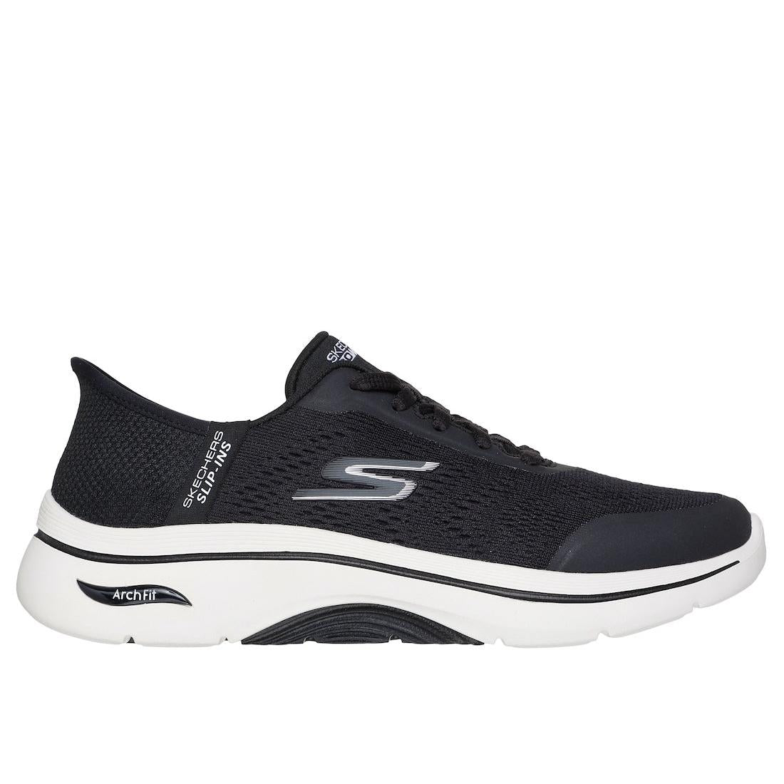 Skechers Go Walk Arch Fit 2.0 women's black and white textile lace-up trainers with arch support and breathable design.
