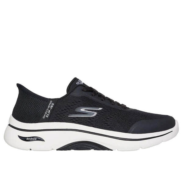 Skechers Go Walk Arch Fit 2.0 women's black and white textile lace-up trainers with arch support and breathable design.
