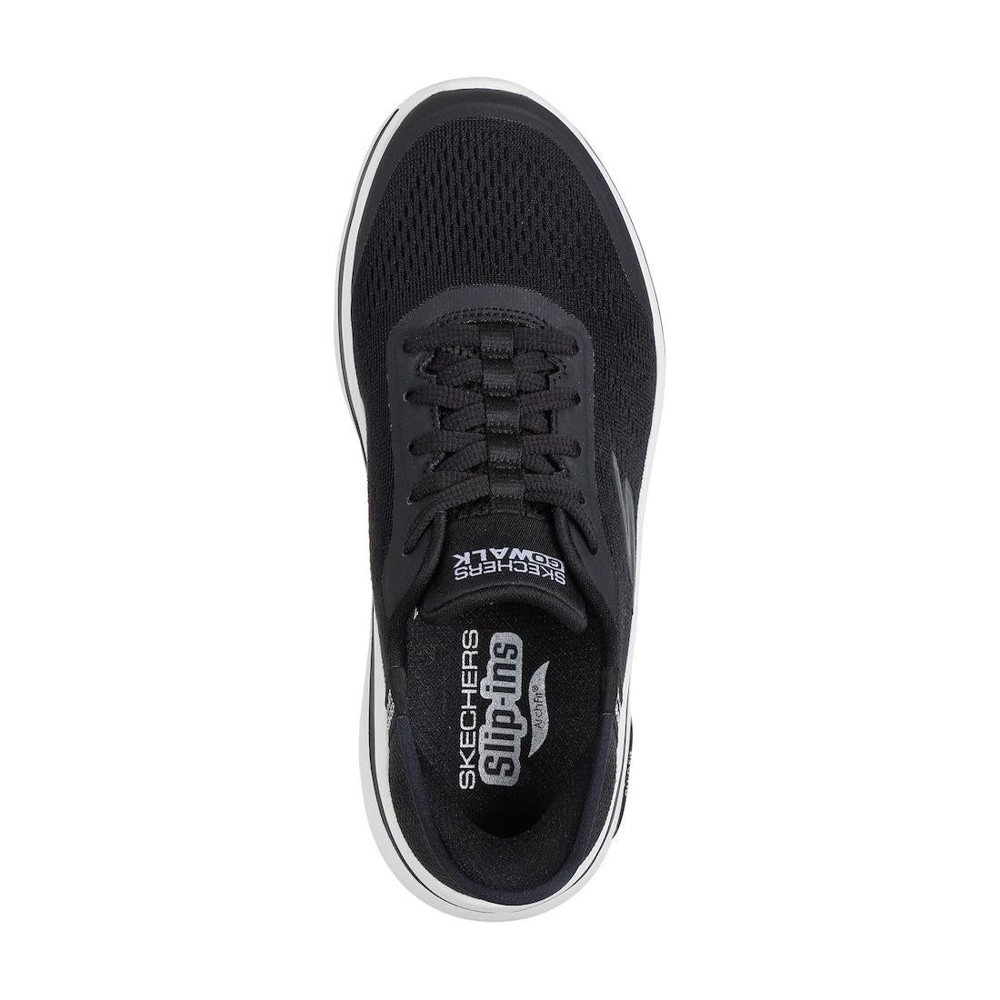 Skechers Go Walk Arch Fit 2.0 ladies' black and white textile athletic trainers with arch support and lace-up design.