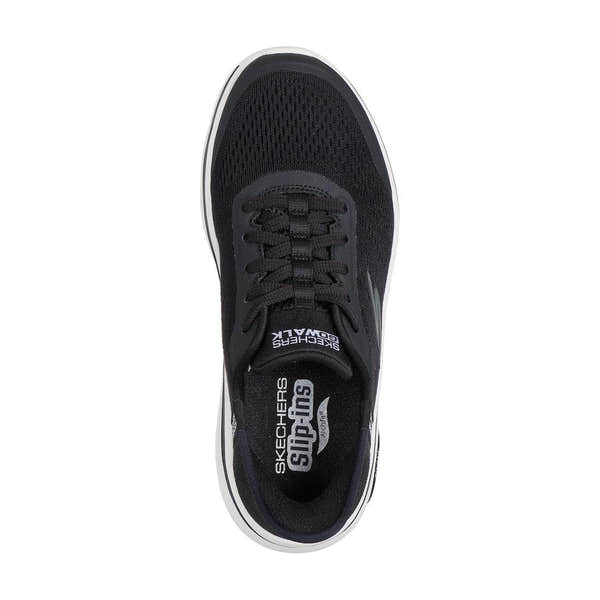 Skechers Go Walk Arch Fit 2.0 ladies' black and white textile athletic trainers with arch support and lace-up design.