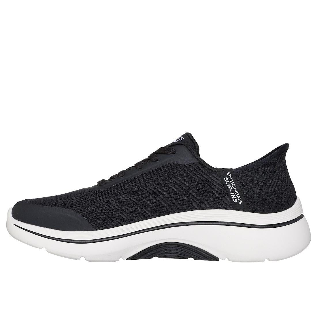 Skechers Go Walk Arch Fit 2.0 Ladies Trainers, black and white textile slip-on athletic shoes with arch support and lace-up design.