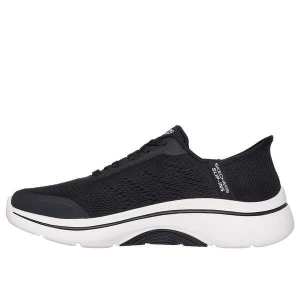 Skechers Go Walk Arch Fit 2.0 Ladies Trainers, black and white textile slip-on athletic shoes with arch support and lace-up design.