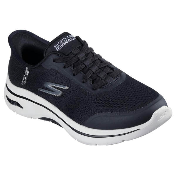 Skechers Go Walk Arch Fit 2.0 ladies' black and white textile trainers with lace-up closure, arch support, and athletic design.
