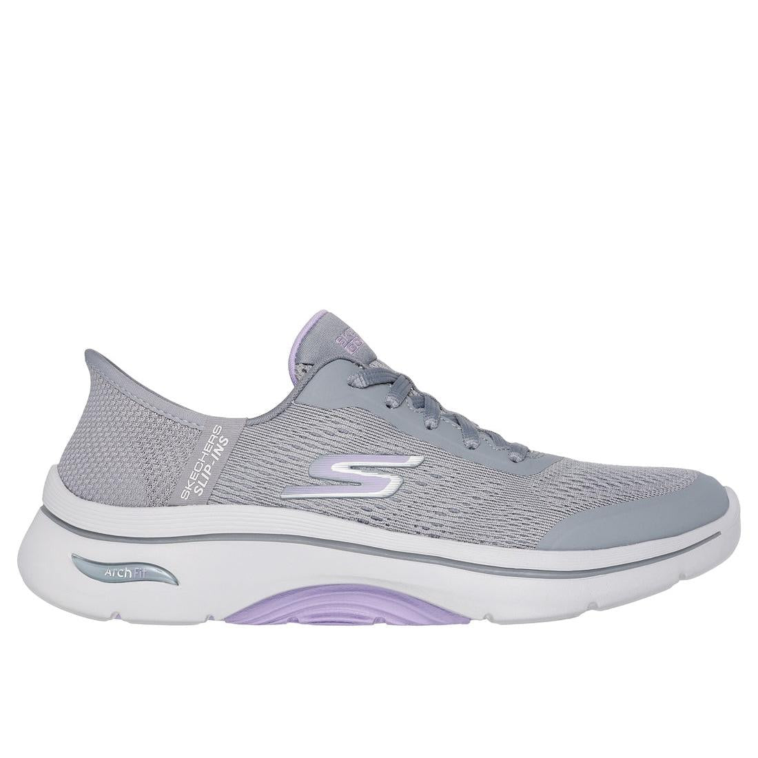 Skechers Go Walk Arch Fit 2.0 women's grey and lavender lace-up trainers with arch support and breathable textile uppers.