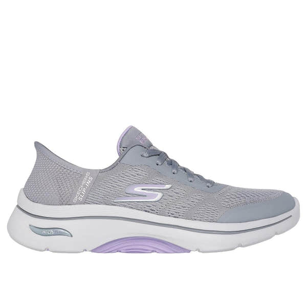 Skechers Go Walk Arch Fit 2.0 women's grey and lavender lace-up trainers with arch support and breathable textile uppers.