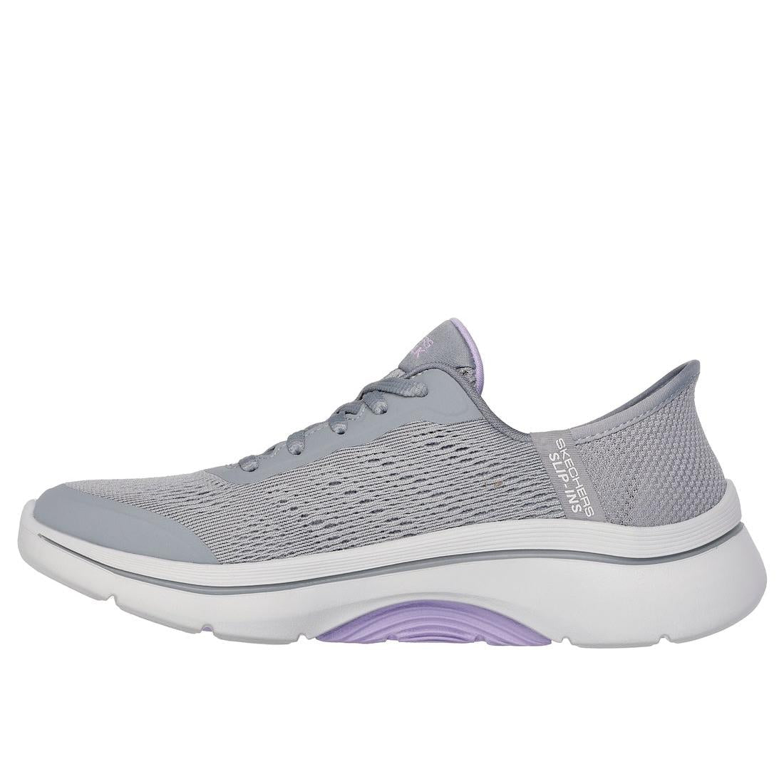 Skechers Go Walk Arch Fit 2.0 grey and lavender women's lace-up trainers with arch support and breathable textile design.