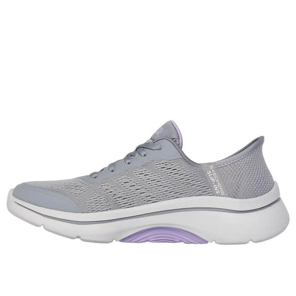 Skechers Go Walk Arch Fit 2.0 grey and lavender women's lace-up trainers with arch support and breathable textile design.