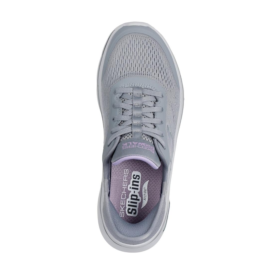 Skechers Go Walk Arch Fit 2.0 trainers for women, grey and lavender textile lace-up sneakers with arch support.