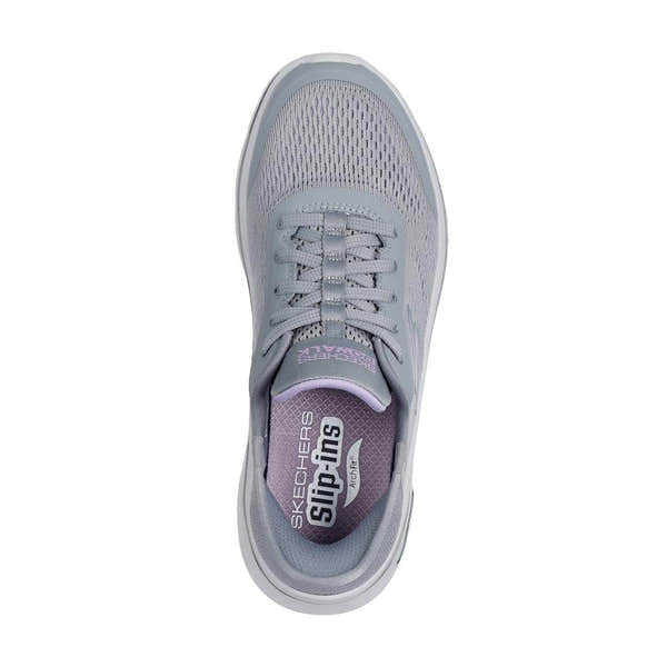 Skechers Go Walk Arch Fit 2.0 trainers for women, grey and lavender textile lace-up sneakers with arch support.