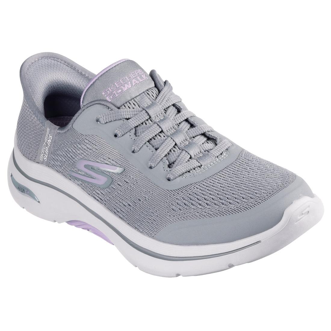 Skechers Go Walk Arch Fit 2.0 ladies' grey and lavender textile lace-up trainers with arch support and cushioned sole.