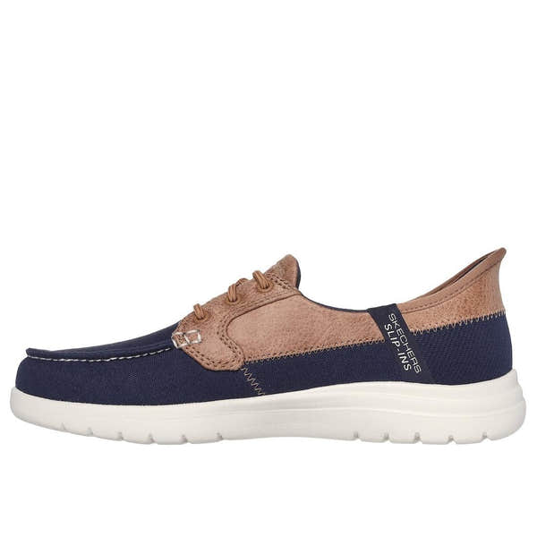 Skechers 136536 On-The-Go Flex Palmilla Ladies Navy Slip-On Shoes with navy and tan accents, breathable fabric, and cushioned sole.