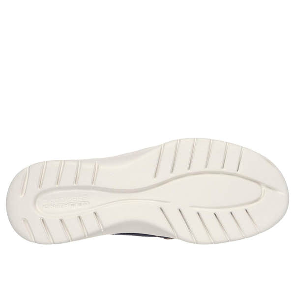 Skechers On-The-Go Flex Palmilla Ladies Navy Slip-On Shoes with cushioned sole and lightweight, breathable design.