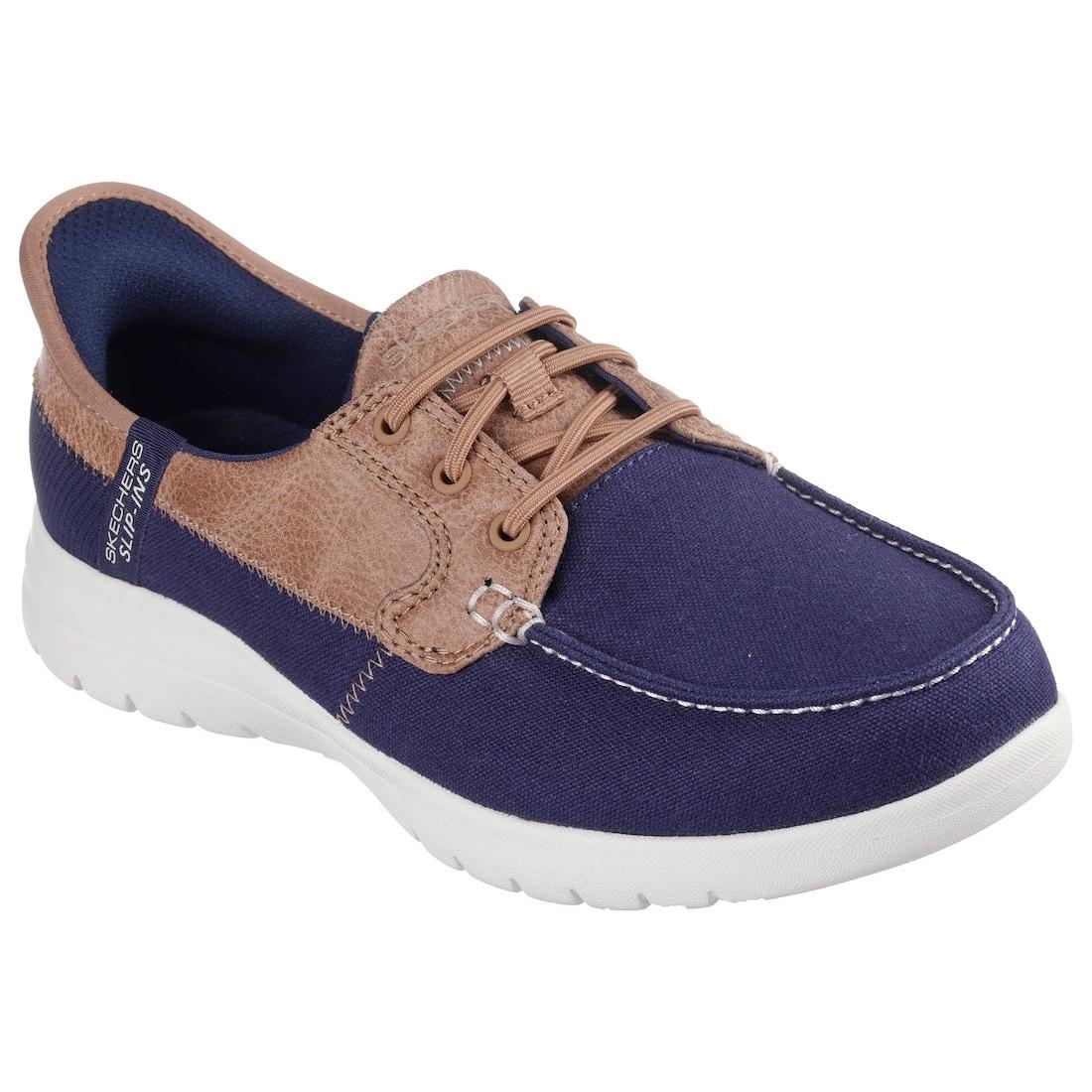 Skechers 136536 On-The-Go Flex Palmilla Women's Navy Slip-On Shoes with tan accents and white sole.