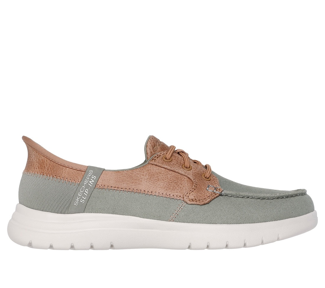 Skechers On-The-Go Flex Palmilla Ladies Slip-On Shoes in Olive with cushioned sole and stylish color-block design.
