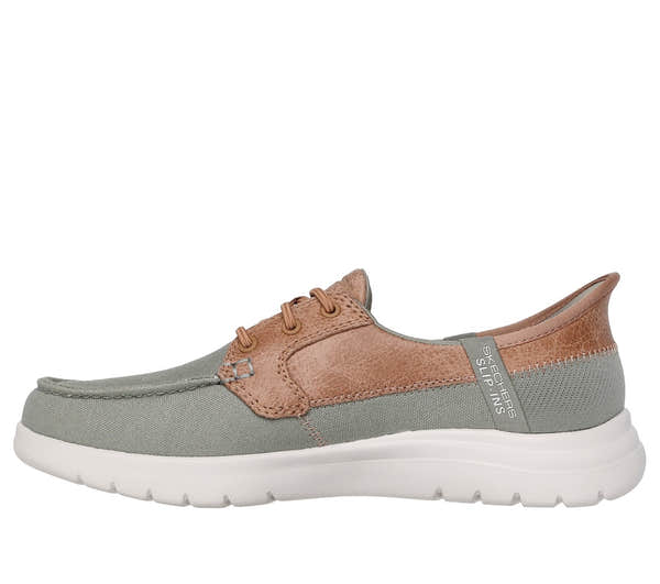Skechers On-The-Go Flex Palmilla women's slip-on shoes in olive and tan with a white rubber outsole.