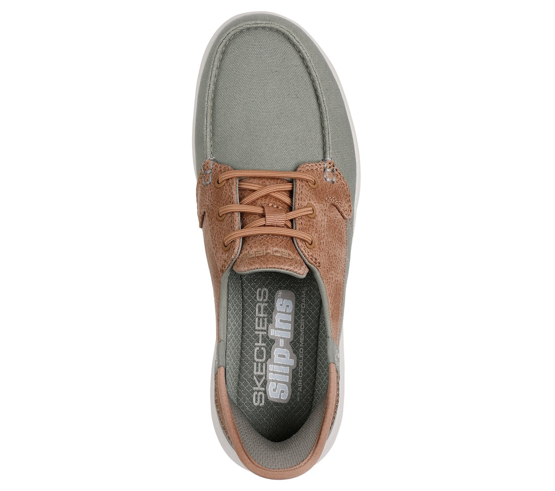 Skechers On-The-Go Flex Palmilla Ladies Olive Slip-On Shoes with breathable upper and cushioned insole.