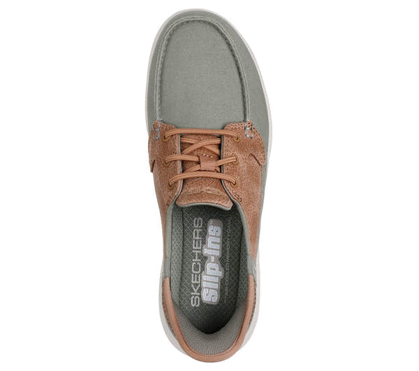 Skechers On-The-Go Flex Palmilla Ladies Olive Slip-On Shoes with breathable upper and cushioned insole.