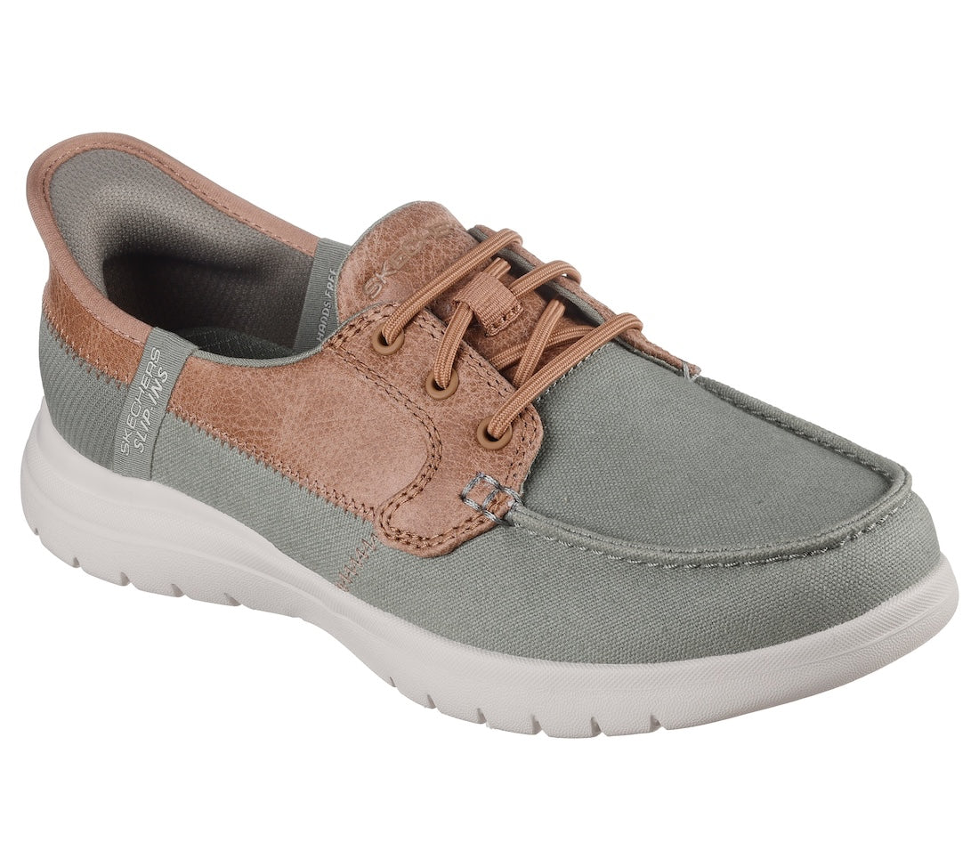Skechers On-The-Go Flex Palmilla women's slip-on shoes in olive with tan accents, lightweight sporty design, and cushioned sole.
