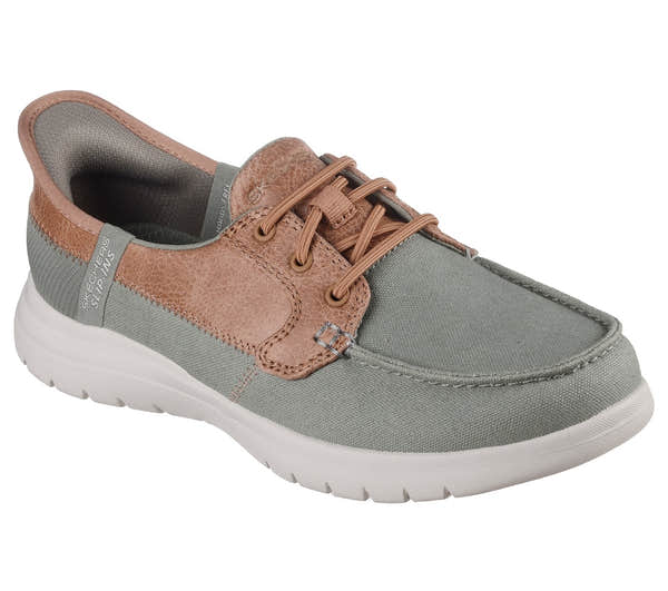 Skechers On-The-Go Flex Palmilla women's slip-on shoes in olive with tan accents, lightweight sporty design, and cushioned sole.
