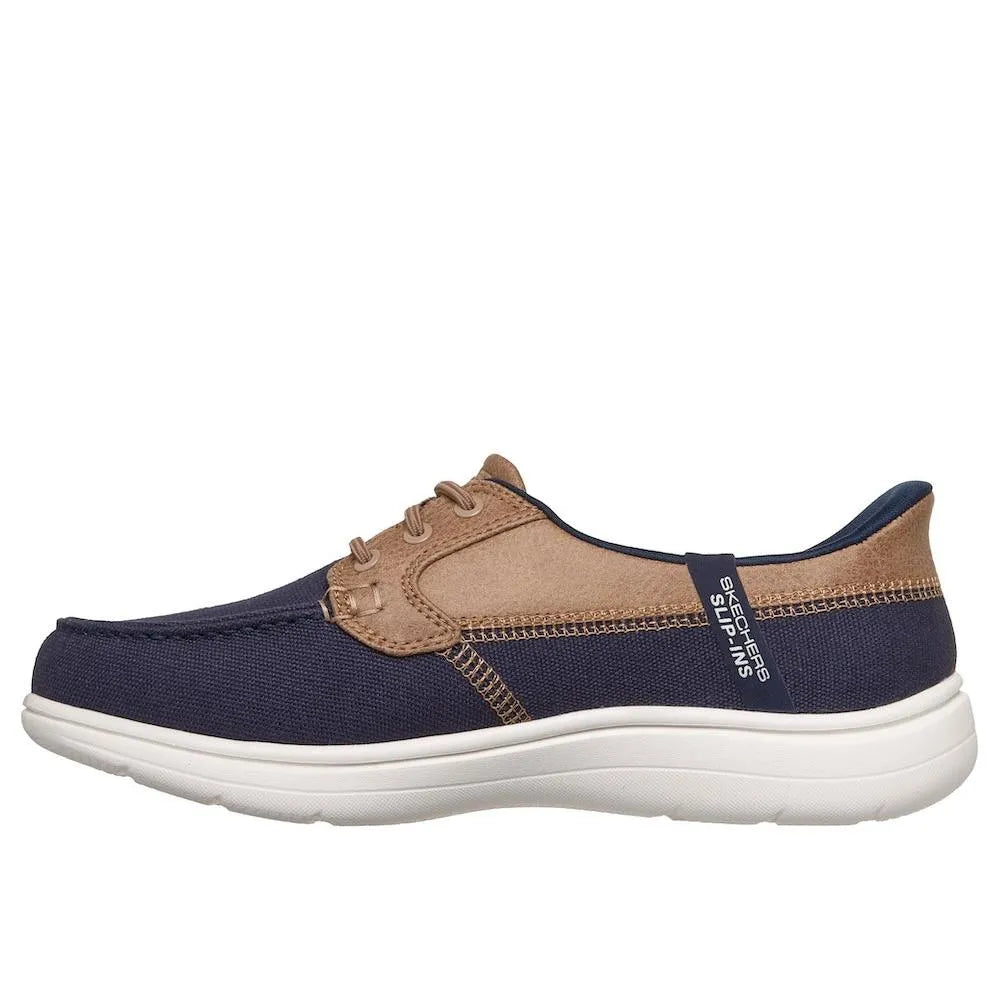 Skechers Women’s On-The-Go Flex Radiant Navy Vegan Slip-On Canvas Boat Shoe with breathable design and cushioned sole.