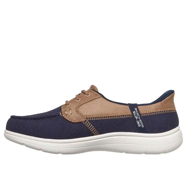 Skechers Women’s On-The-Go Flex Radiant Navy Vegan Slip-On Canvas Boat Shoe with breathable design and cushioned sole.