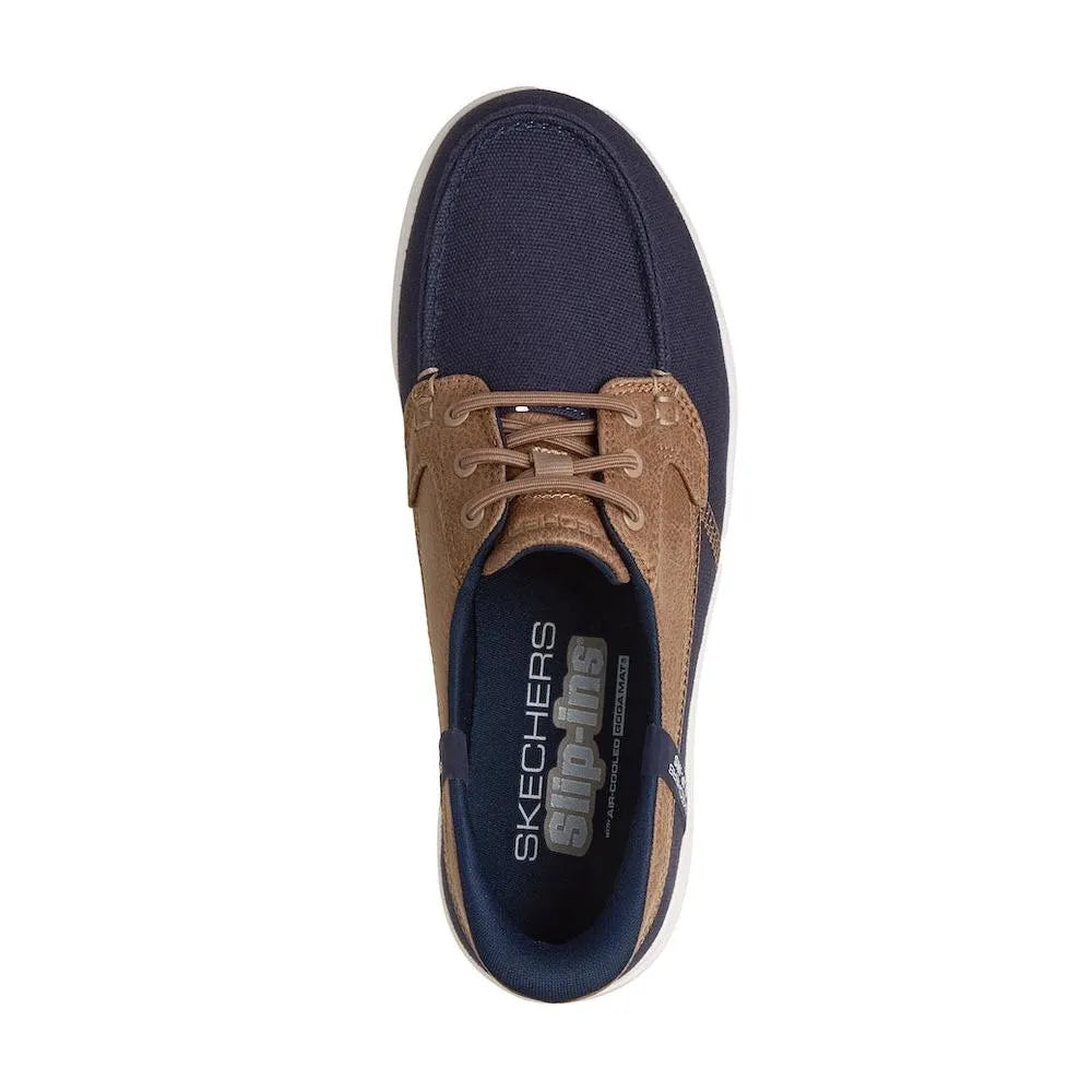 Skechers Ladies On-The-Go Flex Radiant Navy Vegan Slip-On Canvas Boat Shoe with tan accents, comfortable casual style.