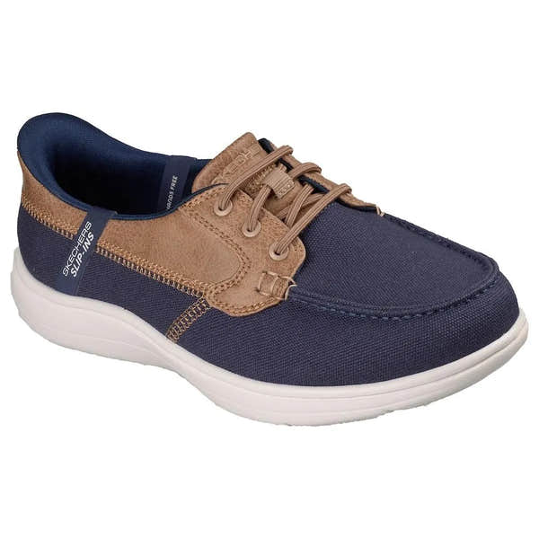 Skechers Ladies On-The-Go Flex Radiant Navy Vegan Slip-On Canvas Boat Shoe with tan accents and white sole.