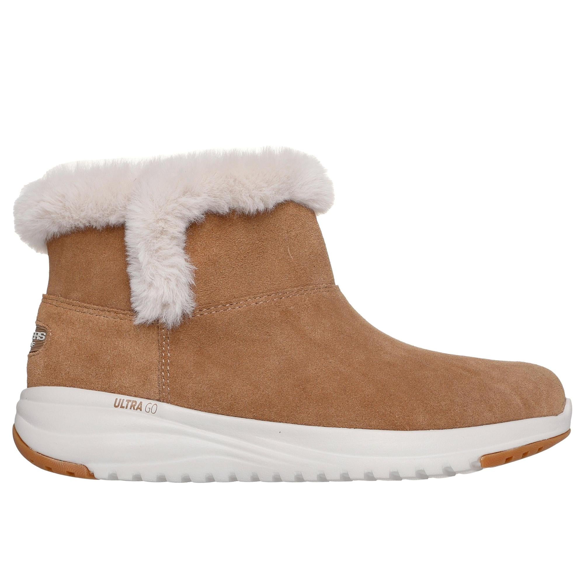 Skechers women's chestnut suede ankle boots with plush white faux fur lining, pull-on style, and cushioned Ultra Go sole.