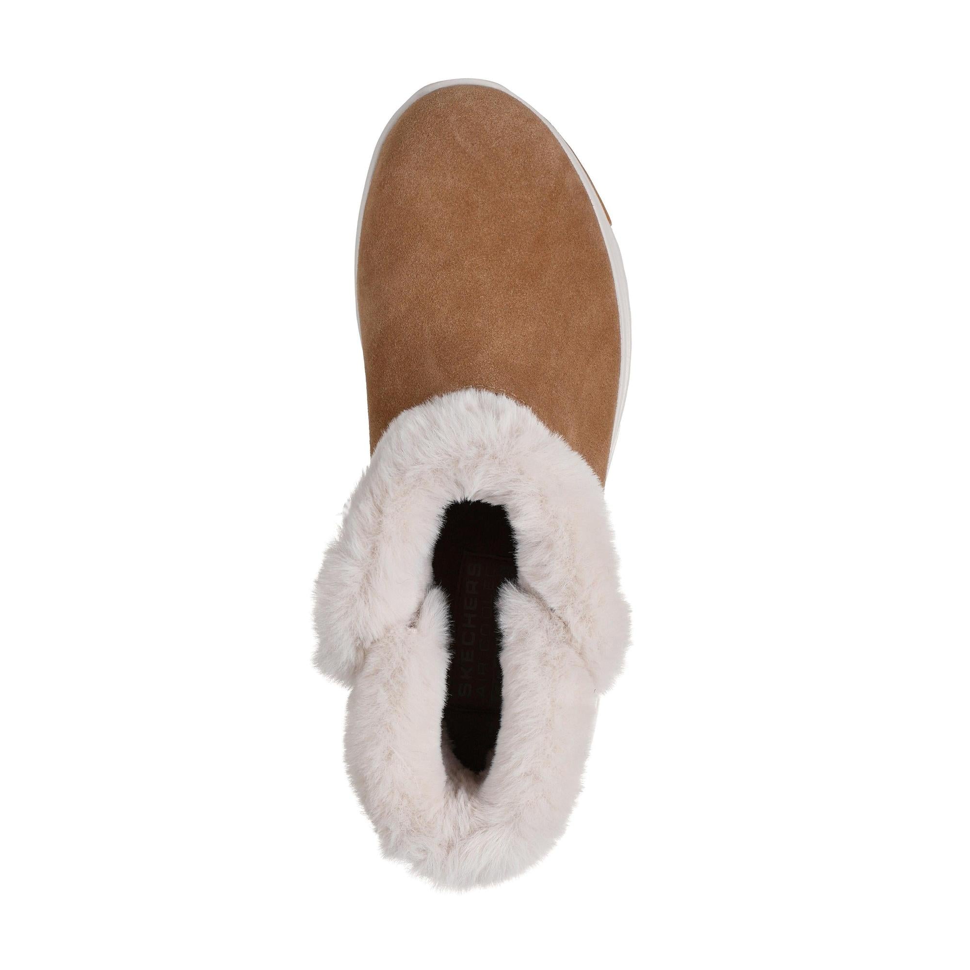 Skechers On-The-Go Stellar Cozy Step ladies chestnut suede pull-on ankle boots with faux fur lining.