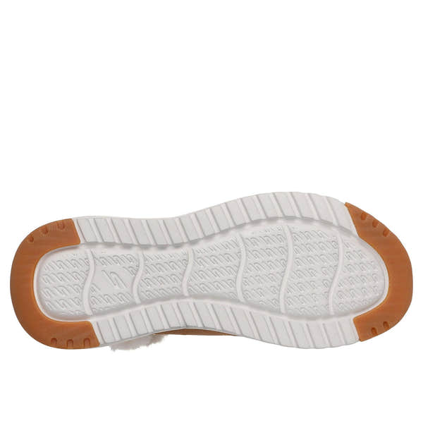Skechers Women's On-The-Go Stellar Cozy Step Chestnut Suede Pull-On Ankle Boots with white and tan sole outsole.