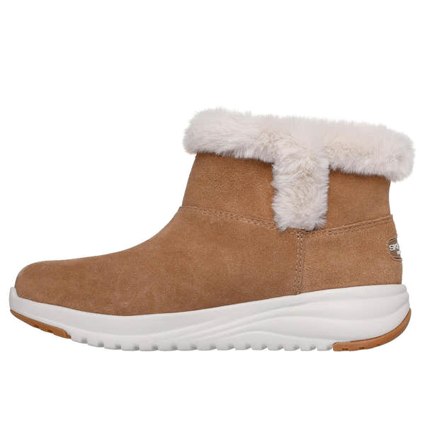 Skechers Women's On-The-Go Stellar Cozy Step Chestnut Suede Pull-On Ankle Boots with faux fur trim and white rubber sole.