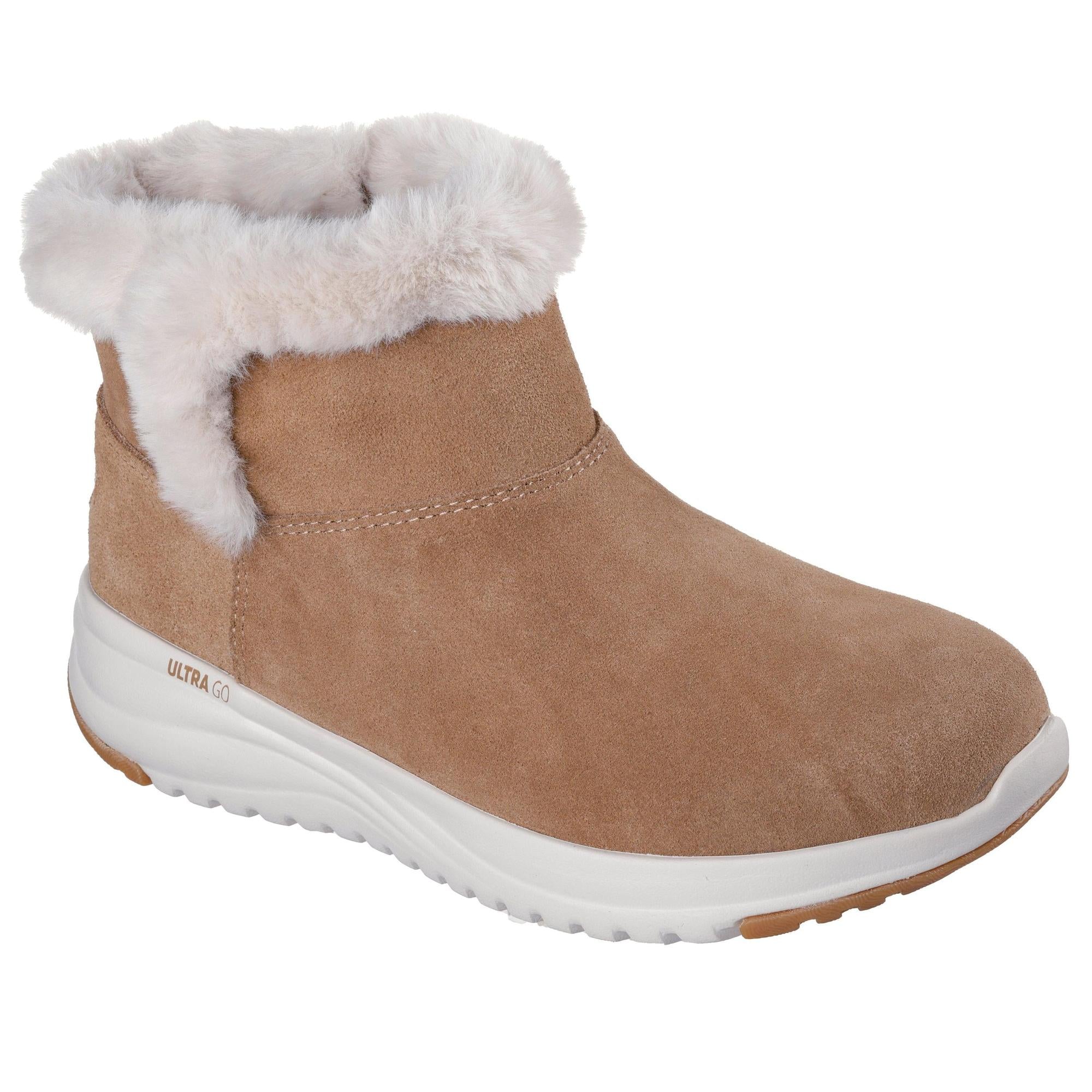 Skechers women's cozy chestnut suede ankle boots with faux fur lining, pull-on style, and white cushioned rubber sole.