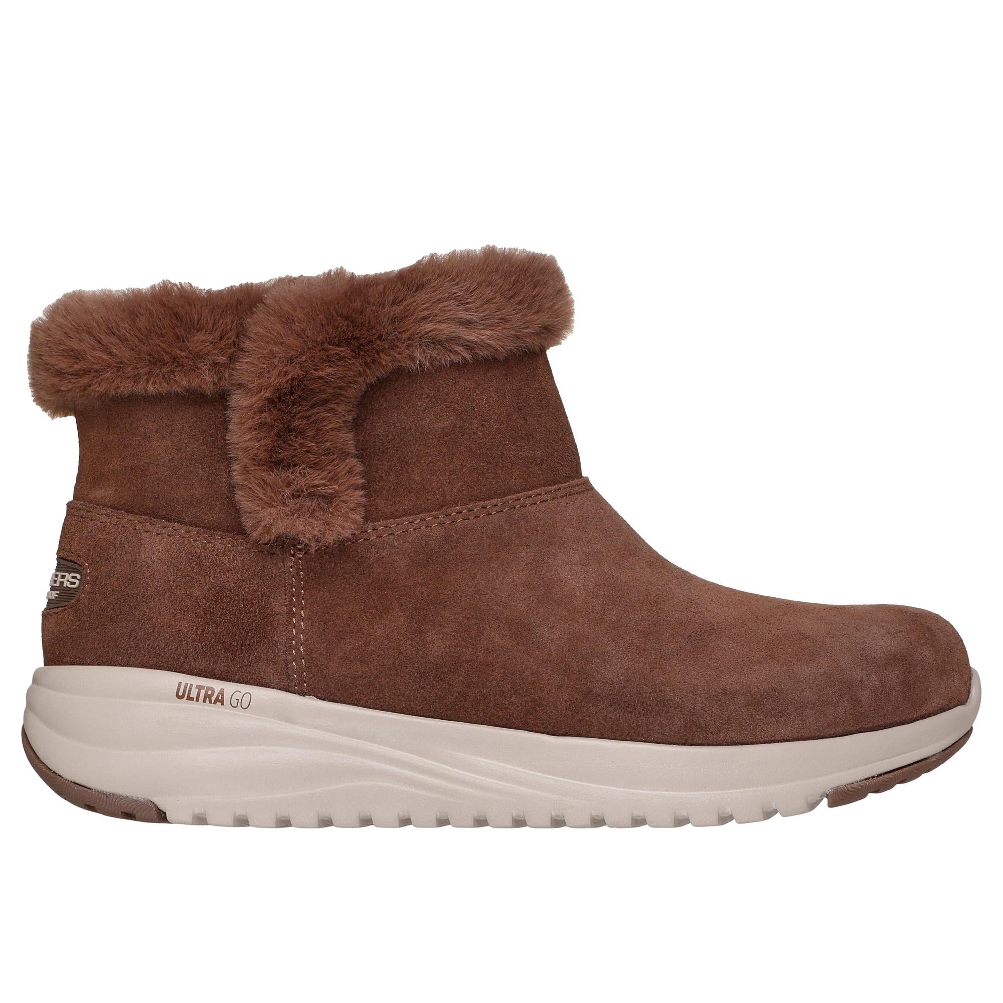 Skechers Cozy Step women’s chocolate suede ankle boots with plush faux fur lining and ultra-cushioned sole.