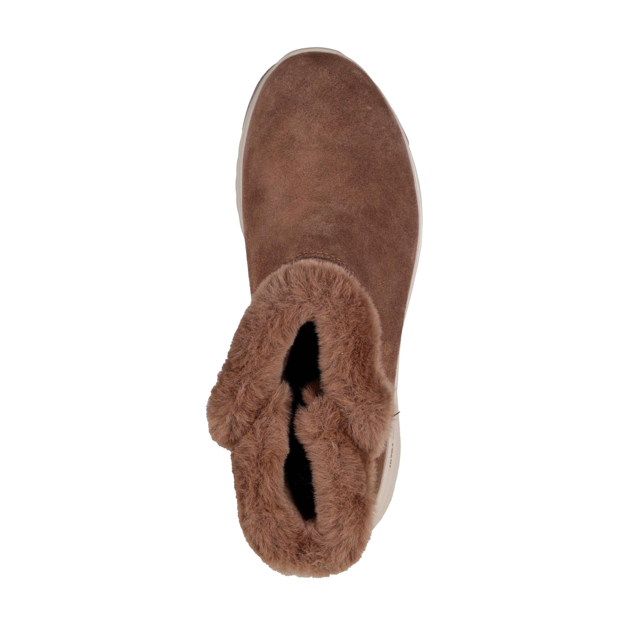 Skechers Cozy Step women's chocolate suede ankle boots with faux fur lining, pull-on style, and comfortable design.