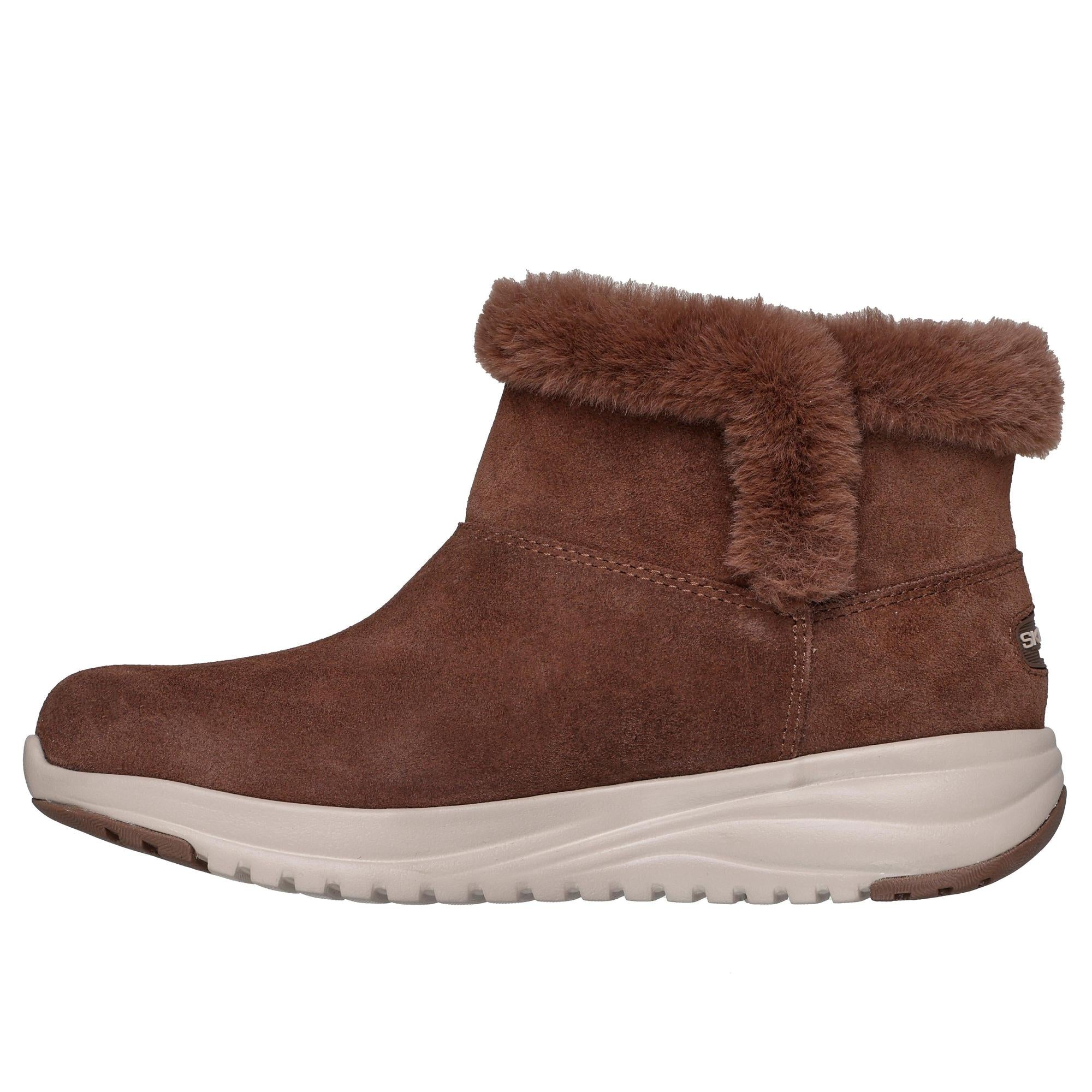 Skechers Women's Cozy Step On-The-Go Stellar ankle boots in chocolate brown suede with faux fur trim and white rubber sole.