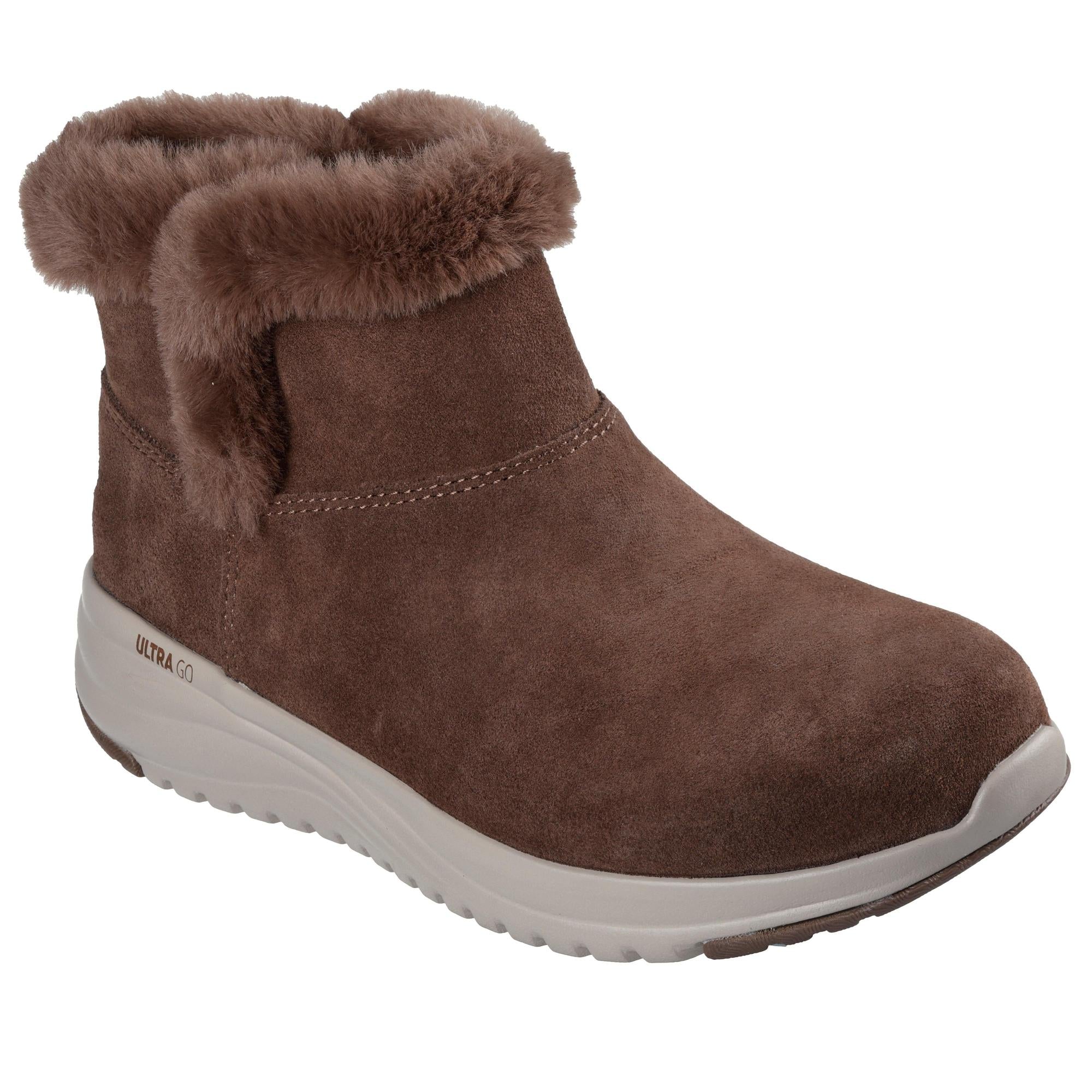 Skechers women's Cozy Step ankle boots in chocolate suede with faux fur lining and white Ultra Go sole for comfort.