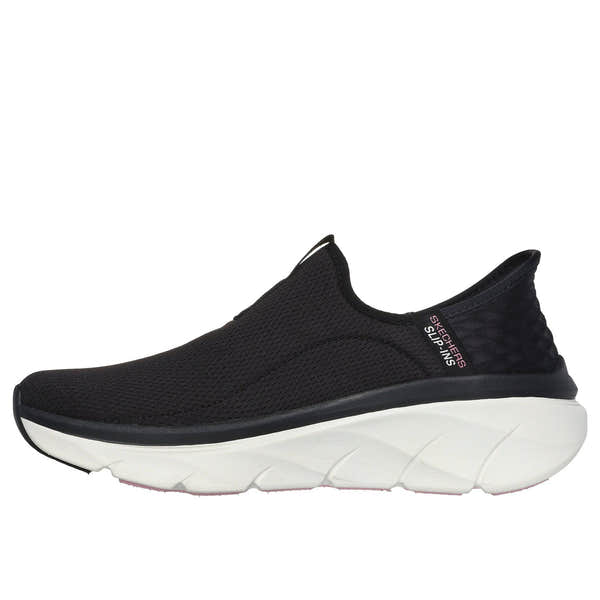 Skechers 150099 D'lux Walker 2.0-Happy Step Slip Ins Ladies Black Pink Textile Vegan Slip On Trainers-elevate your sole