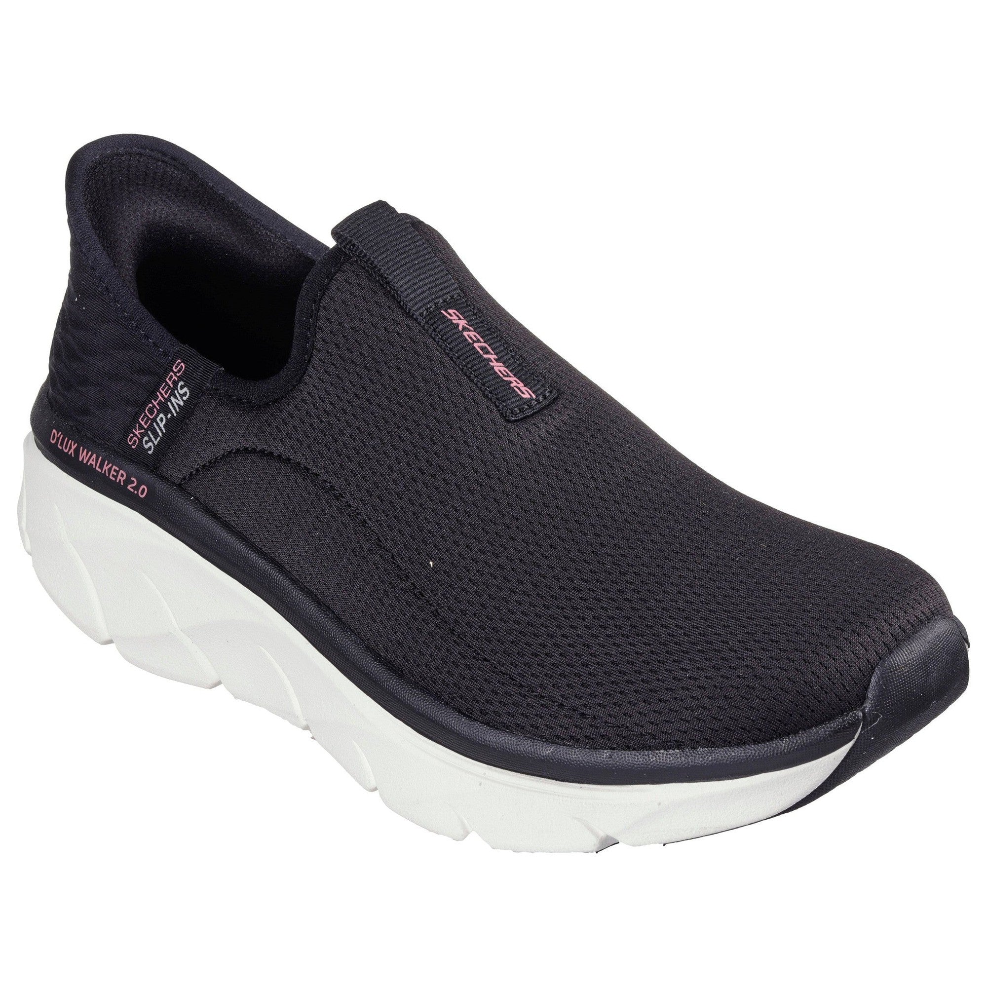 Skechers 150099 D'lux Walker 2.0-Happy Step Slip Ins Ladies Black Pink Textile Vegan Slip On Trainers-elevate your sole