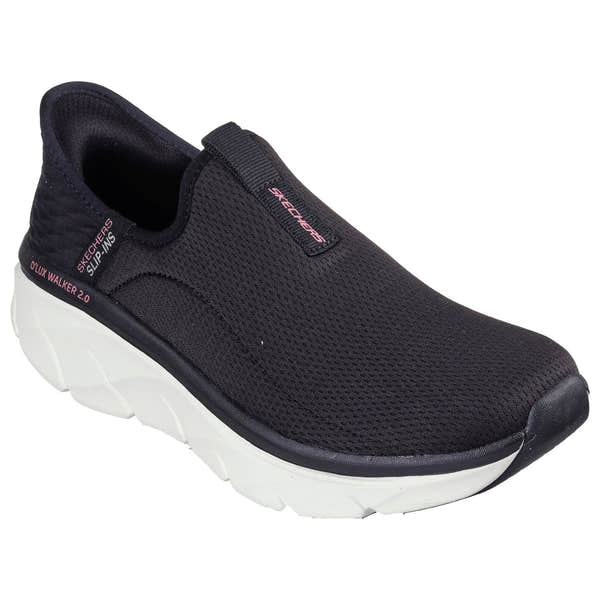 Skechers 150099 D'lux Walker 2.0-Happy Step Slip Ins Ladies Black Pink Textile Vegan Slip On Trainers-elevate your sole