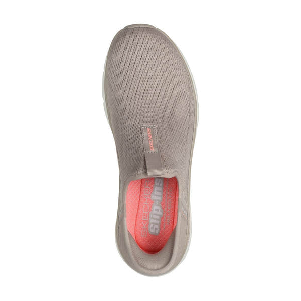 Skechers 150099 D'lux Walker 2.0-Happy Step Slip Ins Ladies Taupe Charcoal Textile Vegan Slip On Trainers-elevate your sole