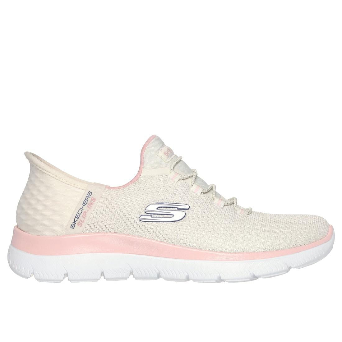 Skechers Summits Diamond Dream Ladies Lace-Up Trainers in Natural and Pink Textile with cushioned sole.