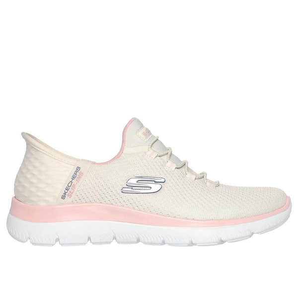 Skechers Summits Diamond Dream Ladies Lace-Up Trainers in Natural and Pink Textile with cushioned sole.