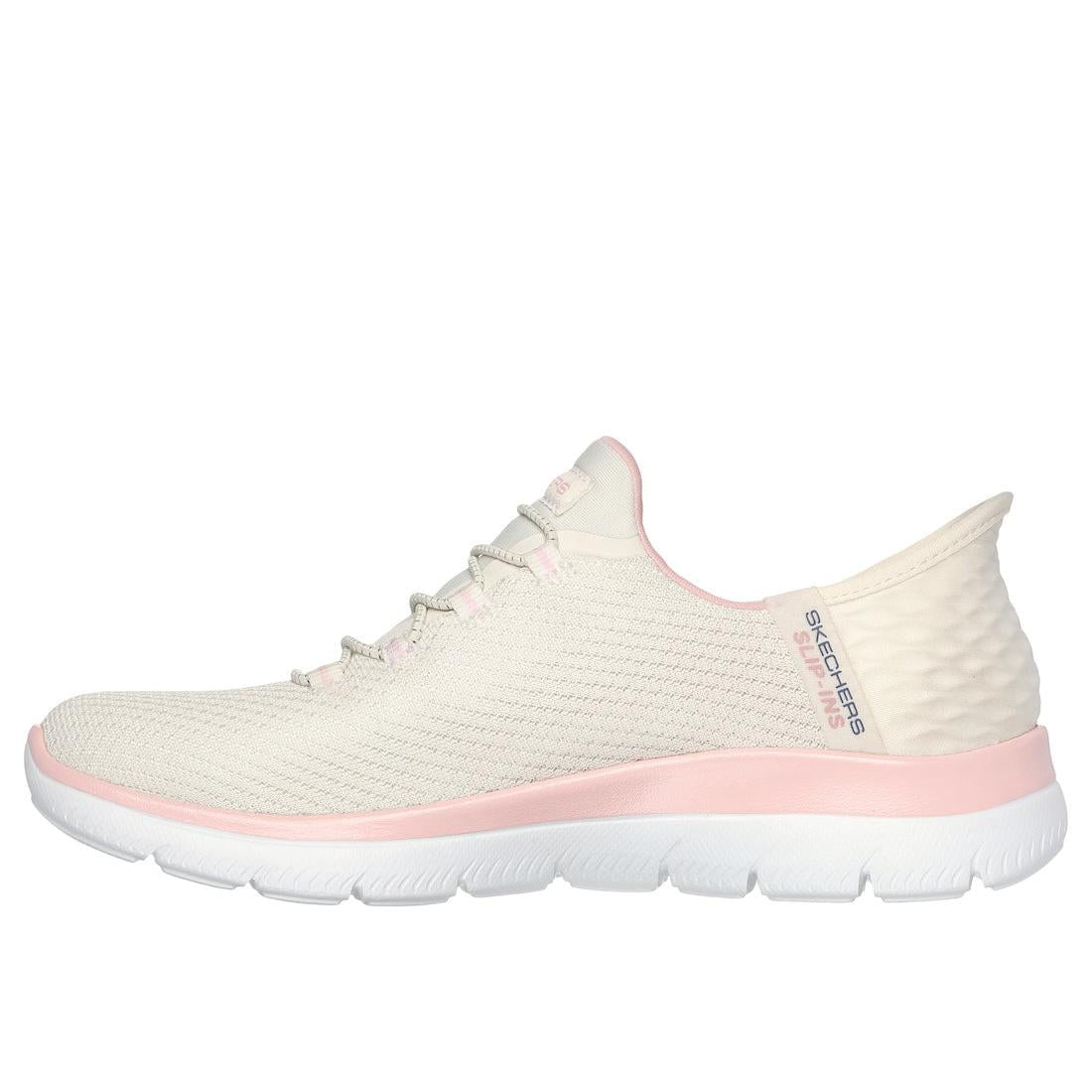 Skechers Summits Diamond Dream Ladies trainers in natural pink and white textile, lace-up athletic shoes with cushioned sole.