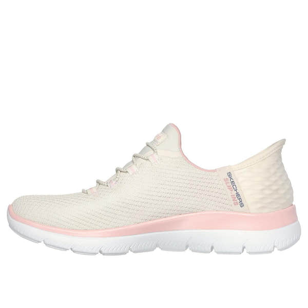 Skechers Summits Diamond Dream Ladies trainers in natural pink and white textile, lace-up athletic shoes with cushioned sole.
