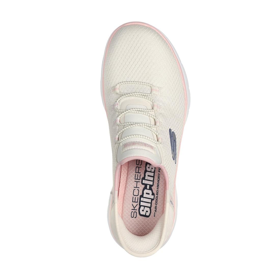 Skechers Summits Diamond Dream women's lace-up trainers in natural and pink textile with rubber sole.